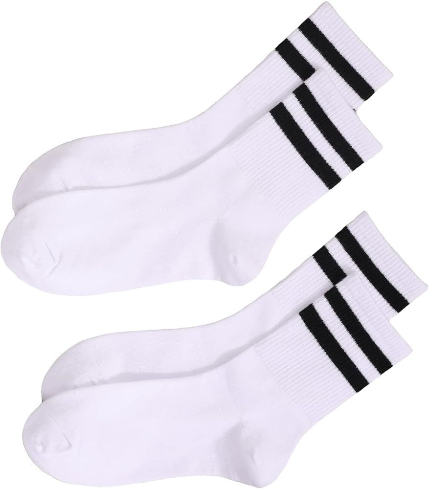 OYOANGLE Women's 2 Pairs Striped Trim Casual Crew Socks Simple Mid Calf Socks | Amazon (US)