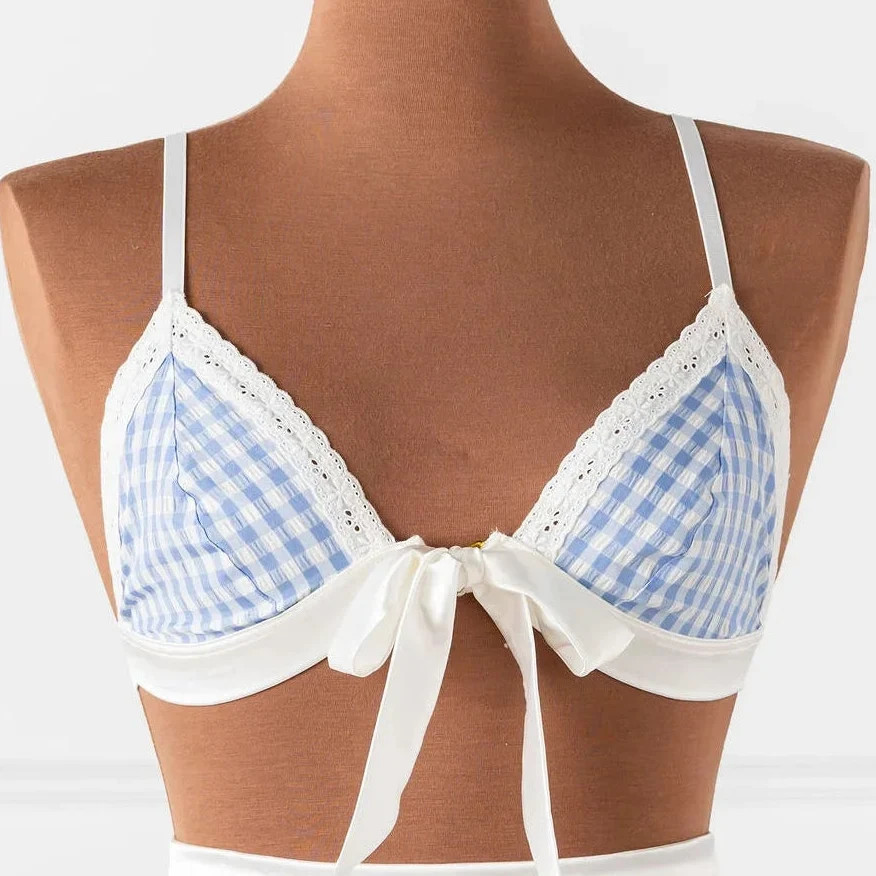 Satin & Gingham Bow Bralette - Blue | Mentionables