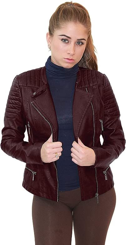 Womens Faux Leather Moto Biker Jacket with Pockets | Amazon (US)