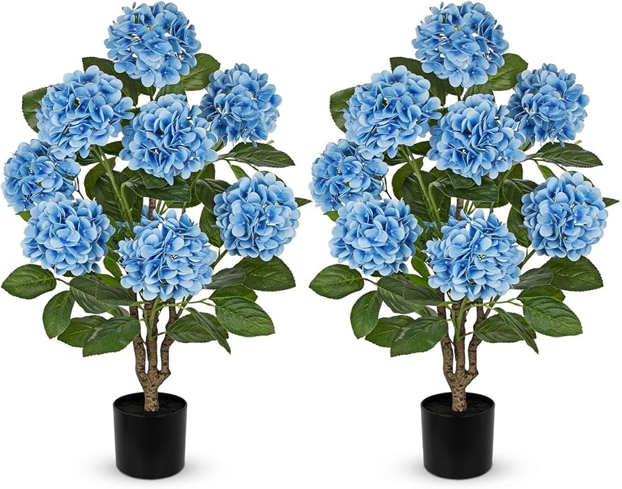3FT Blue Hydrangea Artificial Flowers Tree 2 Pack Large Real Touch Faux Silk Hydrangea Plants Pot... | Amazon (US)