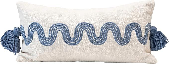 Creative Co-Op Cotton Lumbar Embroidered Curved Pattern & Tassels, Cream Color & Blue Pillow, Cre... | Amazon (US)