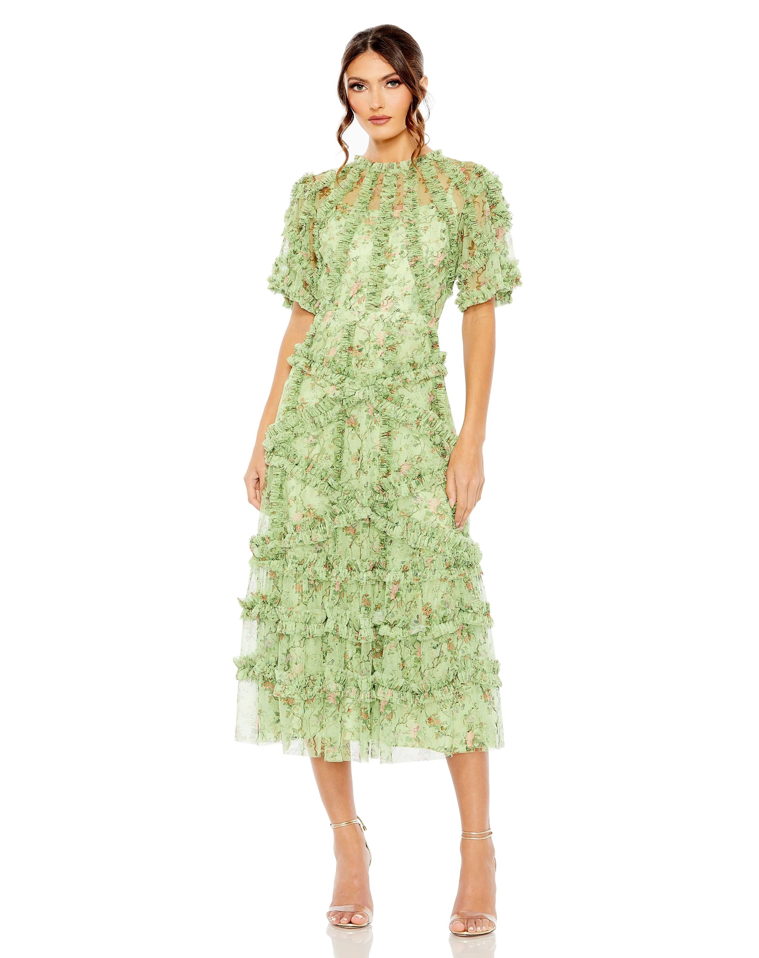 Floral Flutter Sleeve Mesh Print Dress | Mac Duggal
