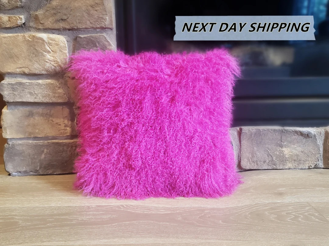 22"x22" Mongolian Lamb Fur Pillow Magenta / Tibetan Sheepskin Pillows / Decorative Fur Pillows / ... | Etsy (US)