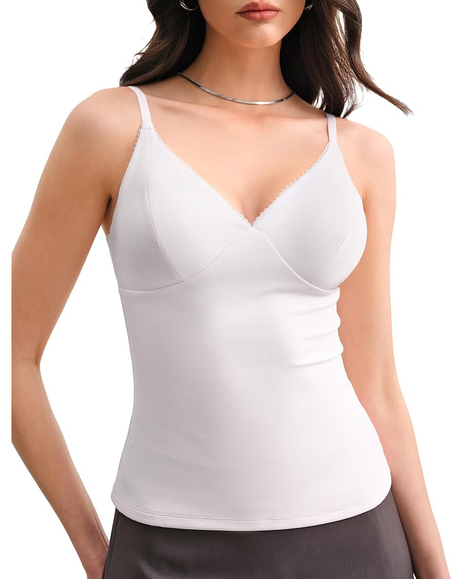 Women's Built in Bra V Neck Tank Tops Adjustable Spaghetti Staps Camisole Sleeveless Summer Tops ... | Amazon (US)