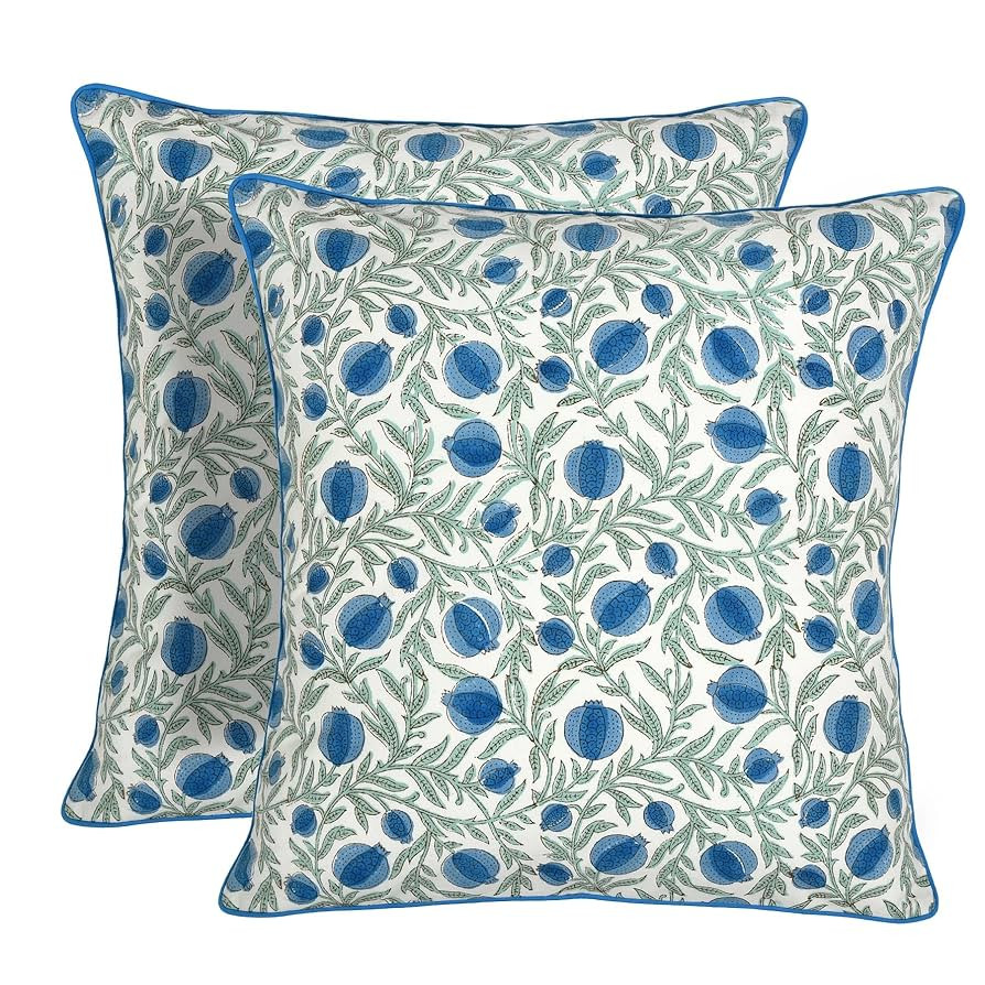 Ridhi Queen Blue Block Print Preppy Grandmillennial Pillow Cover Set of 2-18" x 18" Throw Pillow ... | Amazon (US)