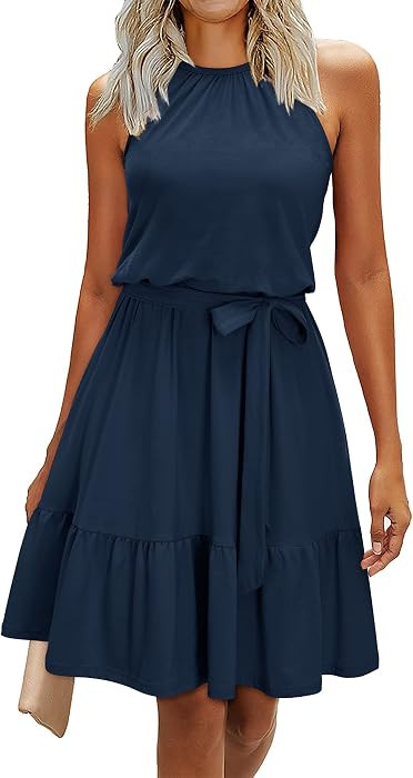 Newshows Womens 2026 Summer Dress Halter Wedding Guest Casual Beach Vacation Outfits Belted Sundr... | Amazon (US)