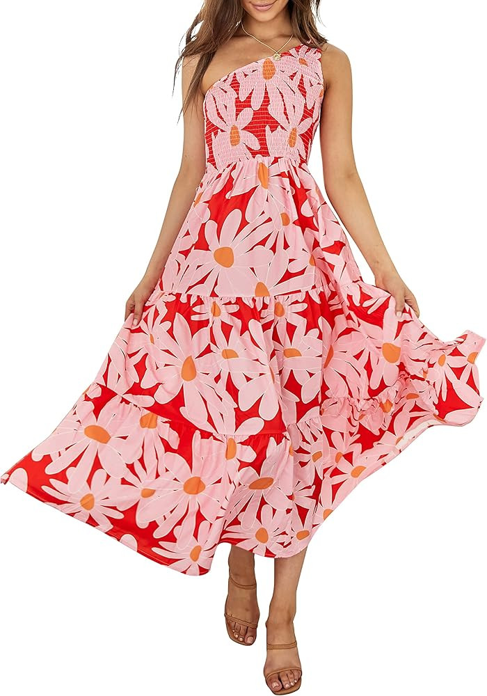 ANRABESS Women's 2023 Summer Bohemian One Shoulder Sleeveless Smocked Ruffle Tiered Beach Maxi Su... | Amazon (US)