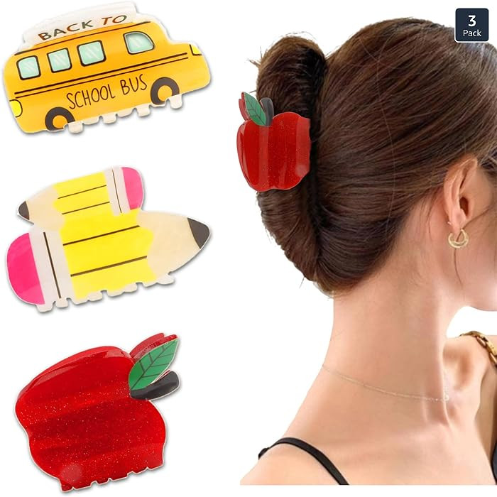KICOSY 3PCS Back to School Hair Claw Pencil Apple and School Bus Shape Hair Clips Funny Teacher C... | Amazon (US)
