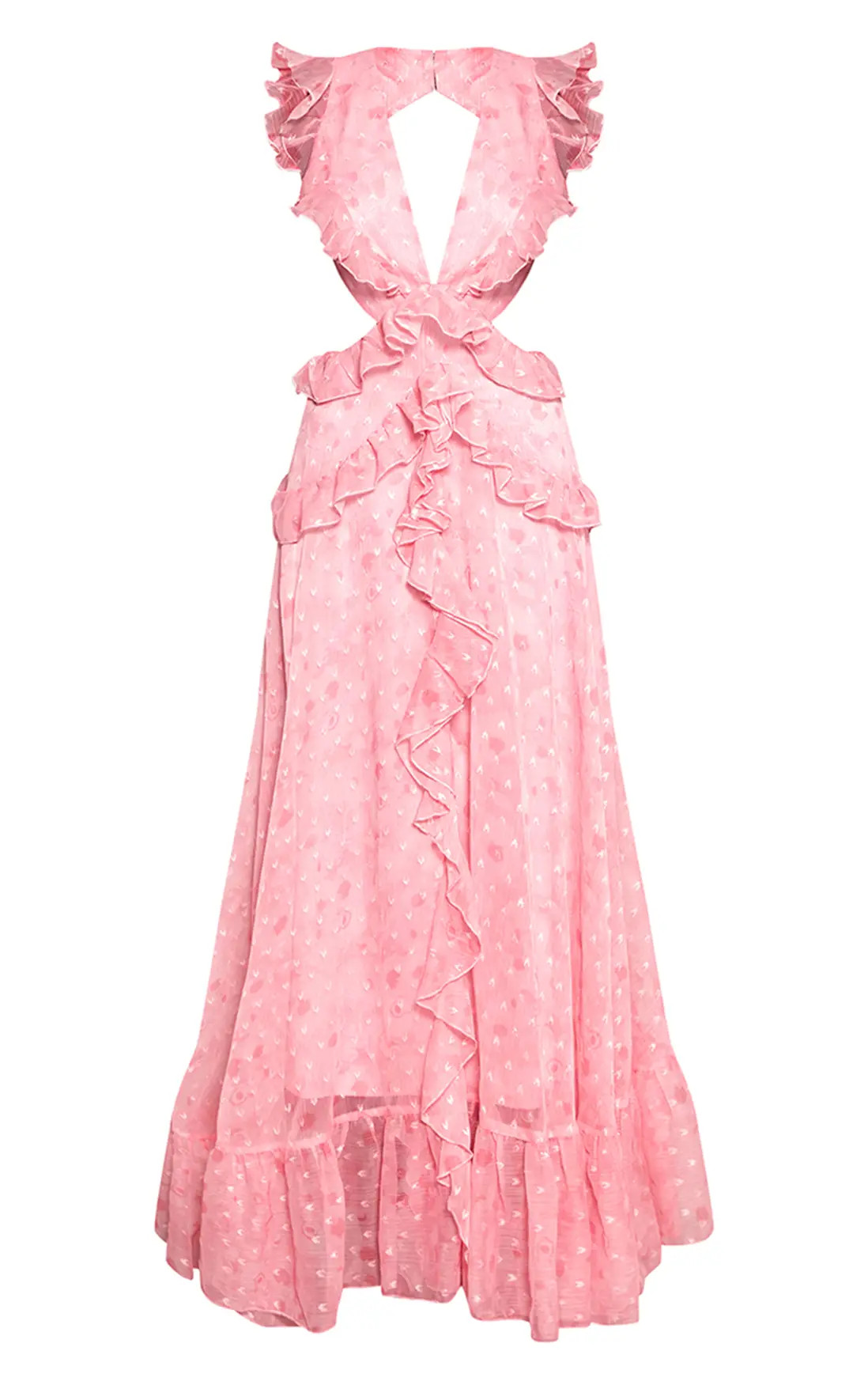 Pink Floral Plunge Frill Maxi Dress | PrettyLittleThing UK
