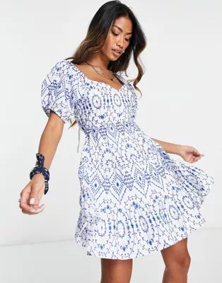 Topshop open back broderie mini dress with blue stitch in white | ASOS (Global)