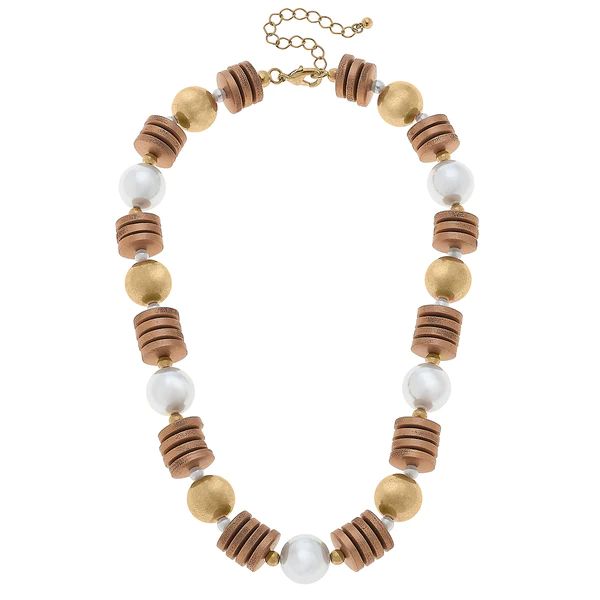 Sheridan Pearl, Wood & Gold Bead Statement Necklace in Ivory | CANVAS