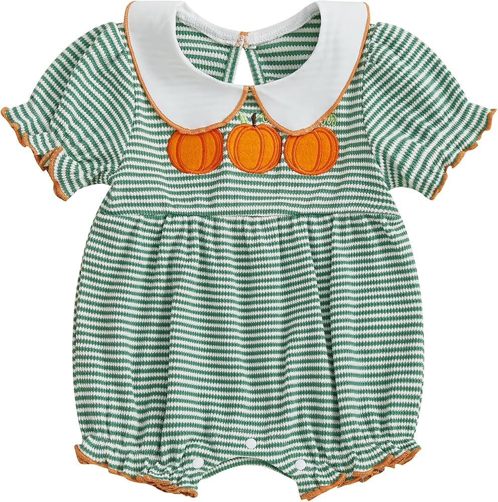 Newborn Baby Girl Halloween Outfit Pumpkin Embroidery Bubble Romper Waffle Striped Short Sleeve B... | Amazon (US)