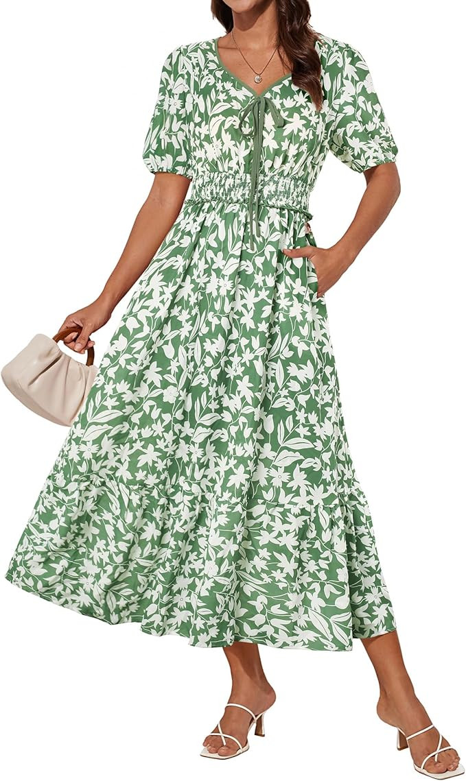 GRACE KARIN 2025 Women's Summer Floral Flowy A Line Midi Dresses Elegant Short Sleeve Smocked V-N... | Amazon (US)