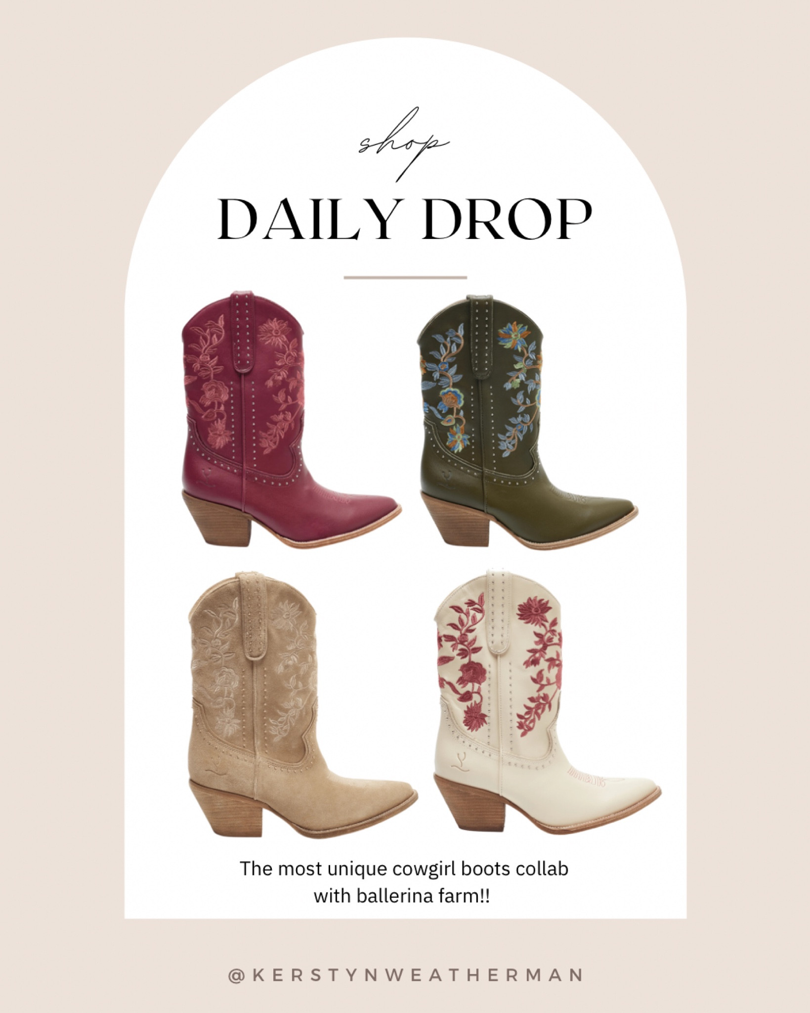 Obsessed is an understatement! I love these cowgirl boots all so much! How does one choose?! I admire ballerina farm so much so I definitely will be snagging a pair from her collab! 👢✨🐴🚜🐄🌾👩🏼‍🌾 perfect cowgirl boot to work on the farm in or everyday wear! 

#LTKShoeCrush #LTKActive #LTKWorkwear