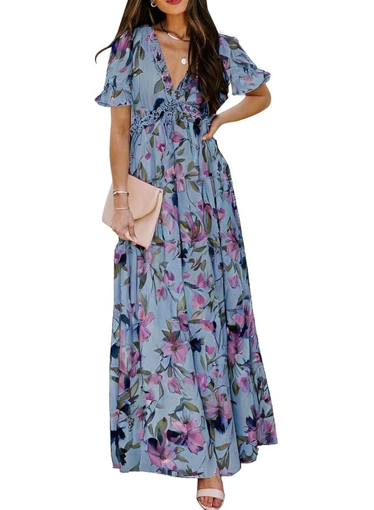 BLENCOT Womens Casual Boho Floral Printed V Neck Short Sleeve Long Evening Dress Ruched Cocktail ... | Amazon (US)