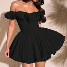 Summer White Sexy Sweet Off Shoulder Lace Petal Sleeve Solid Color Ruffles Bodice Lace Edge Sweetheart Lady Dress | SHEIN