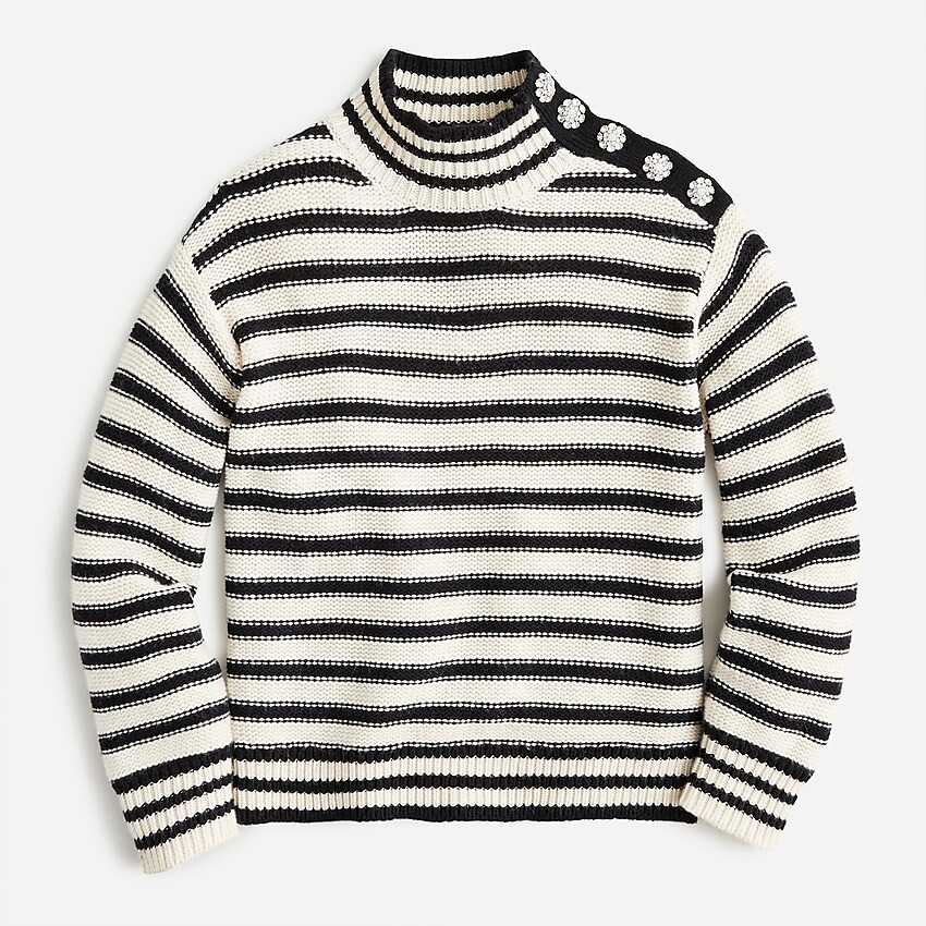 Cable-knit mockneck pullover in stripe with jewel buttons | J. Crew US