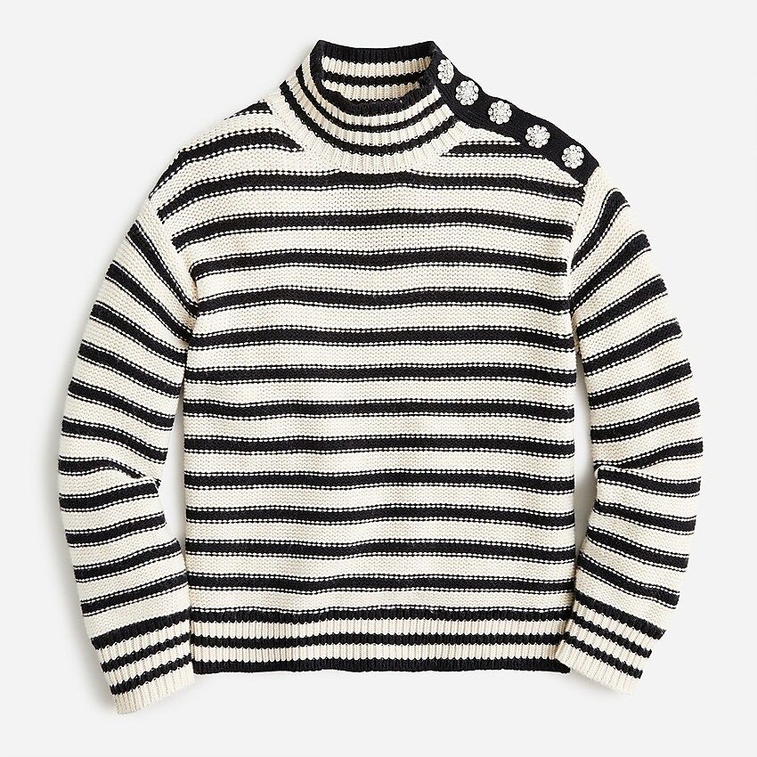 Cable-knit mockneck pullover in stripe with jewel buttons | J.Crew US