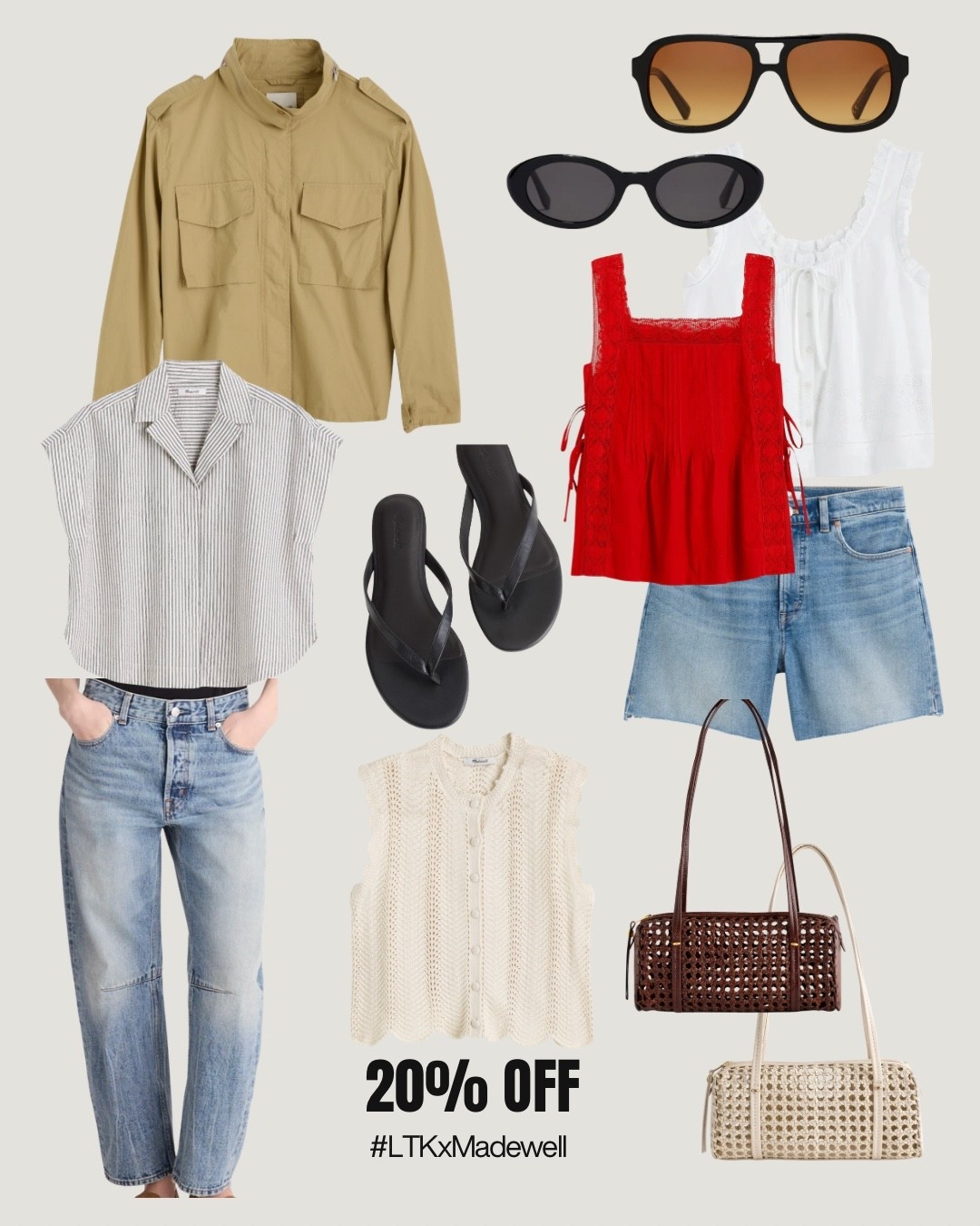 20% off @Madewell with code LTK20 at checkout. 
Spring outfits. Summer outfits. 
Jacket looks chic and lightweight. 
Oval sunglasses are great quality and one of my new favorites that I got for spring break. 
Black sandals are a great minimalist style- size up. 
I have and love these barrel jeans from last year in a lighter color. Soft all cotton denim. 
I have the perfect vintage jeans from past years; I want to try the denim shorts version this season. 
Woven bags look cute.

#LTKxMadewell #LTKOver40
