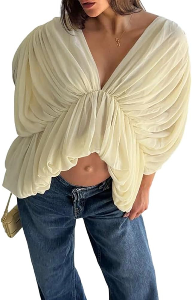Molilove Long Sleeve Shirt for Women Sexy V Neck Ruched Oversized Shirt Top Trendy Irregular Goin... | Amazon (US)