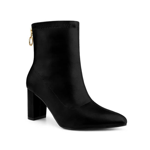 Allegra K Women's Pointed Toe Back Zip Block Heel Ankle Boots - Walmart.com | Walmart (US)