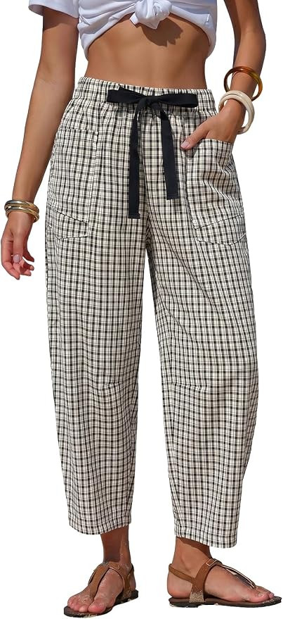 EXLURA Womens Summer Faux Linen Striped Barrel Pants Comfy Drawstring Capri Pant with Pockets Bea... | Amazon (US)