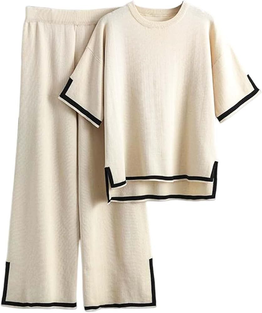 Wyeysyt Women Sweater Sets 2 Piece Knit Lounge Sets Short Sleeve Pullover Tops Wide Leg Pants Ela... | Amazon (US)