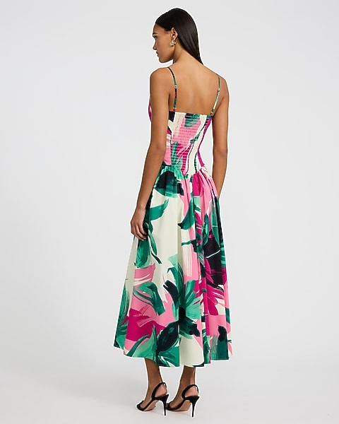 Poplin Printed V-neck Drop Waist Maxi Fit And Flare Dress With Pockets | Express