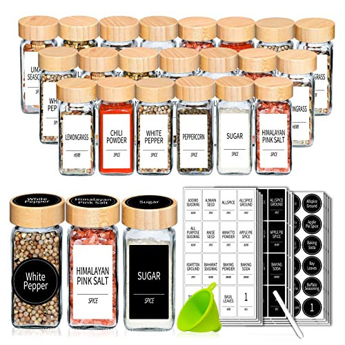 Churboro 48 Spice Jars with Labels- Spice Jars with Bamboo Lids - 4 Oz Glass Spice Containers with Shaker Lids, 547 Spice Labels of 3 Different Types Seasoning Jars for Spice Rack, Cabinet, or Drawer | Amazon (US)