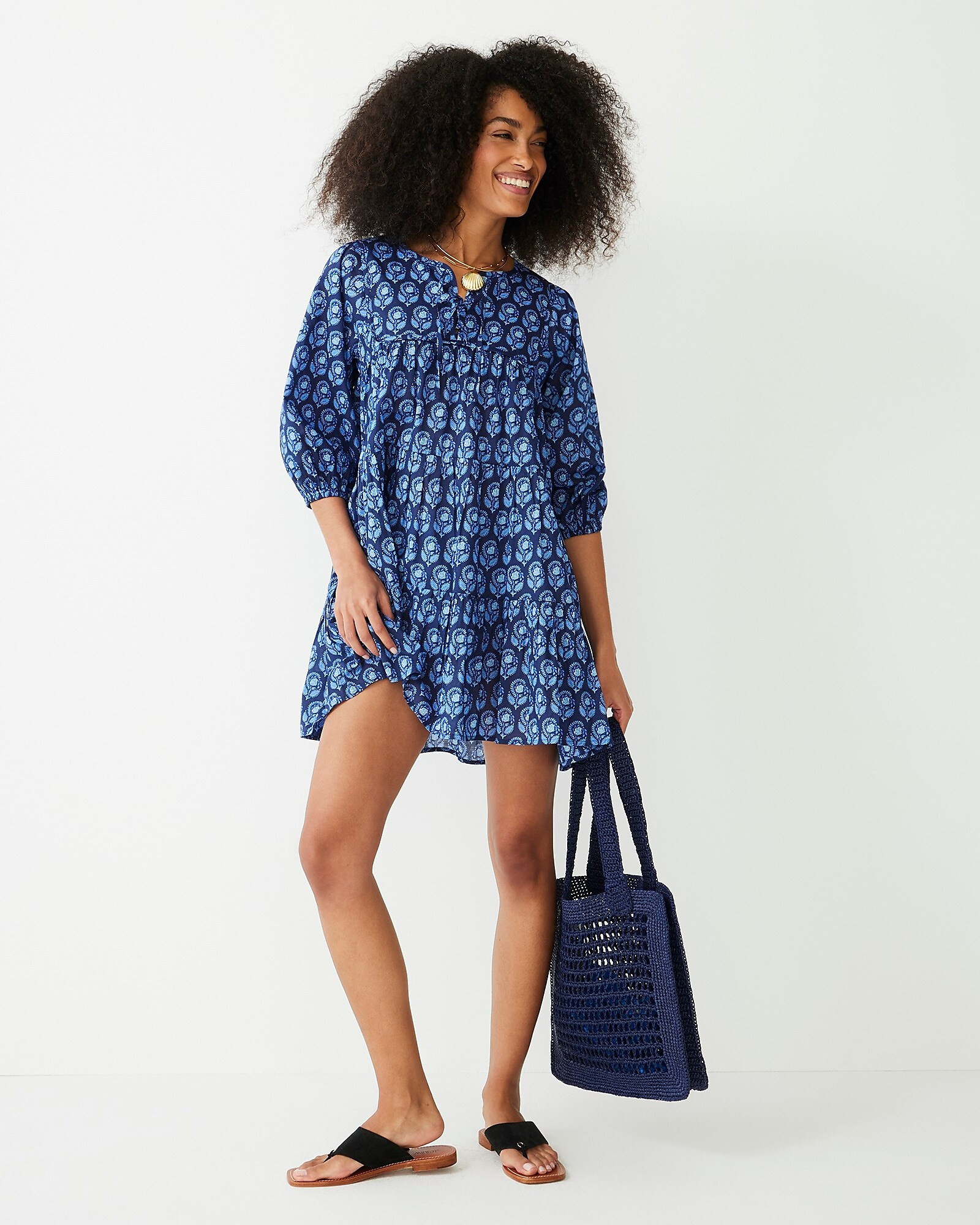 Cotton voile cover-up mini dress in navy bouquet block print | J. Crew US