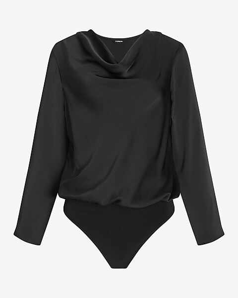 Satin Cowl Neck Long Sleeve Thong Bodysuit | Express