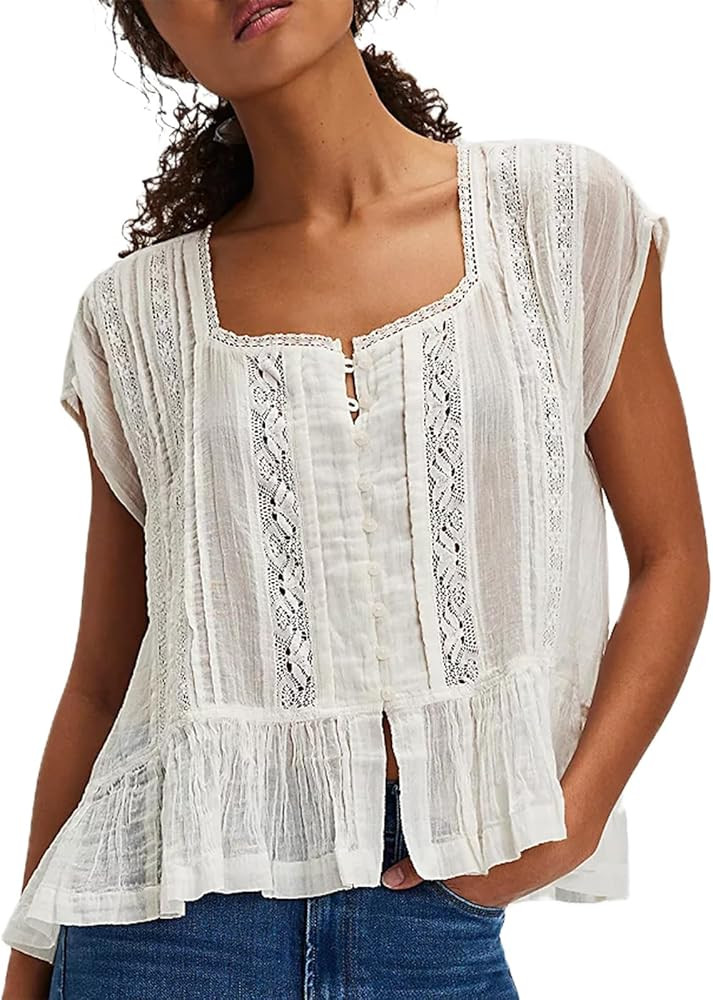 Women Y2k Semi Sheer Blouse Shirt Lace Trim Button Down Short Sleeve Round Neck Casual Going Out ... | Amazon (US)