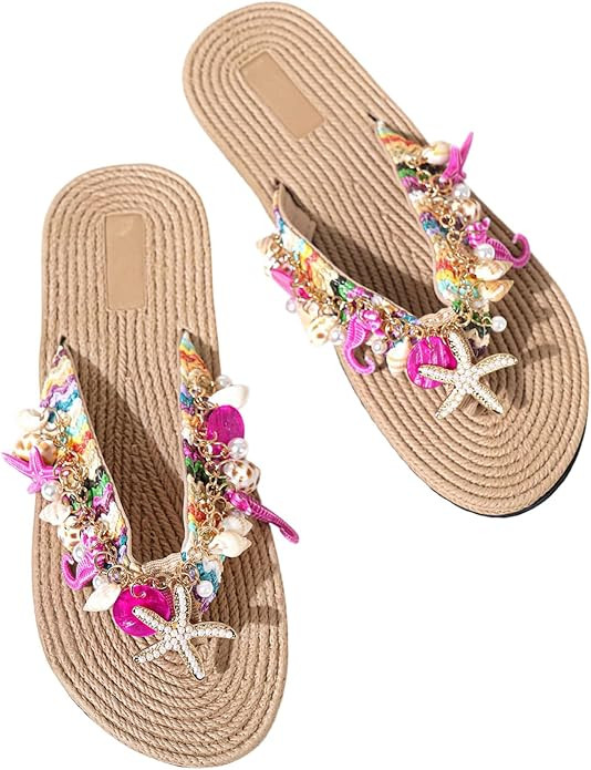 MakeMeChic Women's Seashell Starfish Summer Beach Shoes Open Toe Boho Flip Flops Flat Sandals | Amazon (US)
