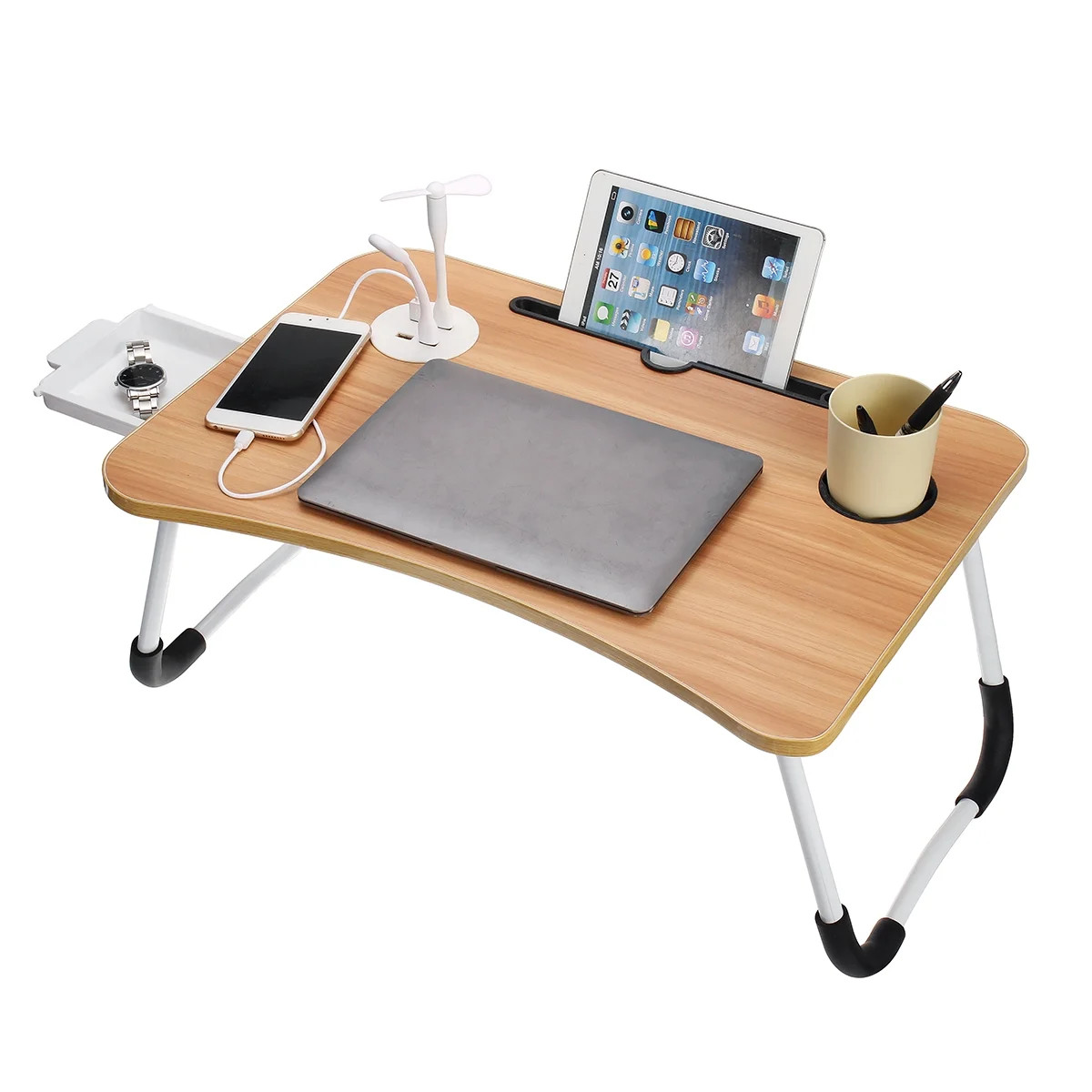 Foldable Lap Desk for Bed, Bed Tray Table with 4 USB Ports, Holder Slots, Cup Holder and Drawer, ... | Walmart (US)