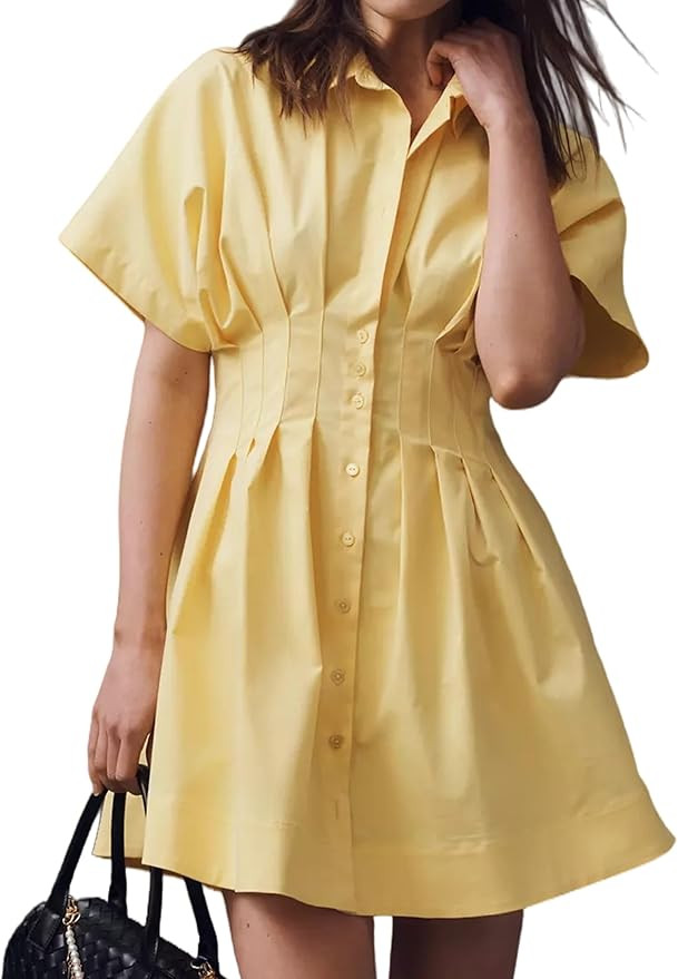 MISSACTIVER Women Pleated Button Down Shirt Dress Short Sleeve Striped Corset Mini Dresses Casual... | Amazon (US)