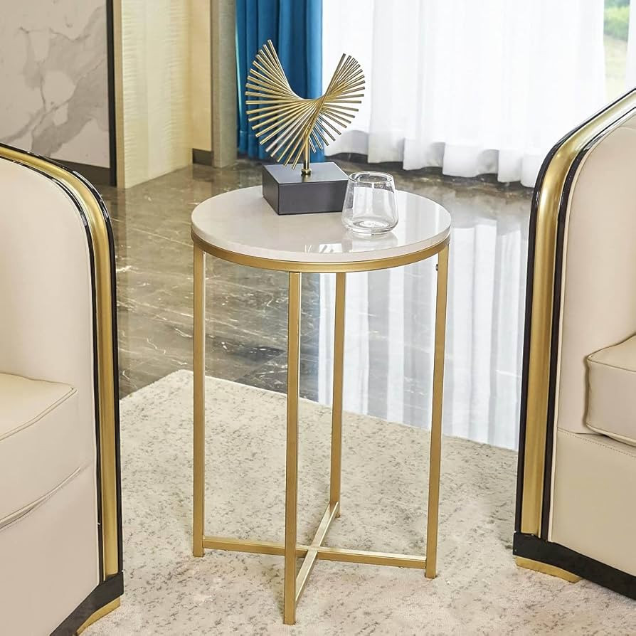 Gold Round Side End Table with Marble Top, Modern Bedside Small Coffee Table for Living Room Bedr... | Amazon (US)