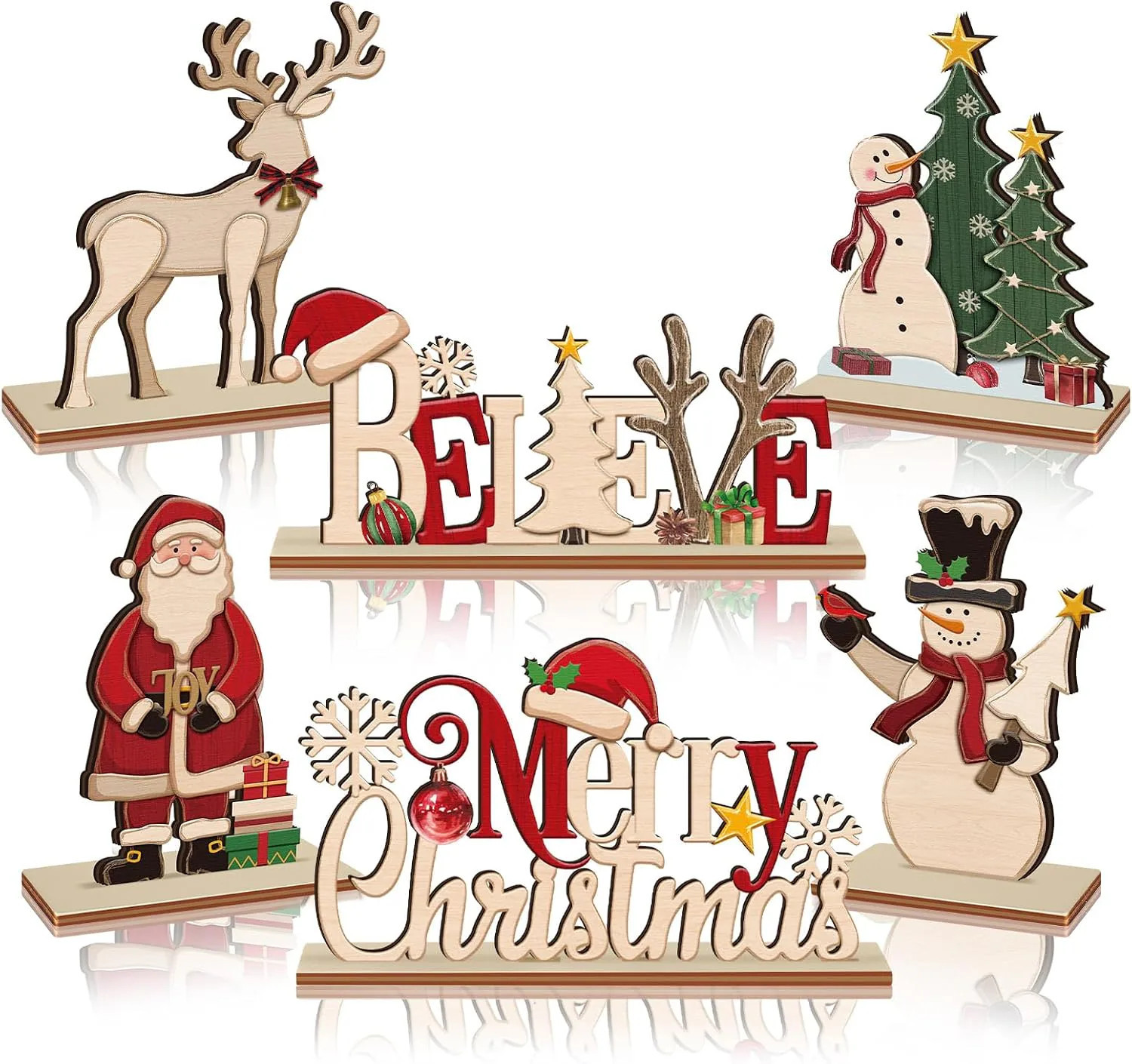 ZHANYIGY 6 Pcs Christmas Table Decorations Vintage Christmas Centerpieces for Tables Wooden Retro Snowman Tree Reindeer Santa Claus Joy Believe | Lowe's