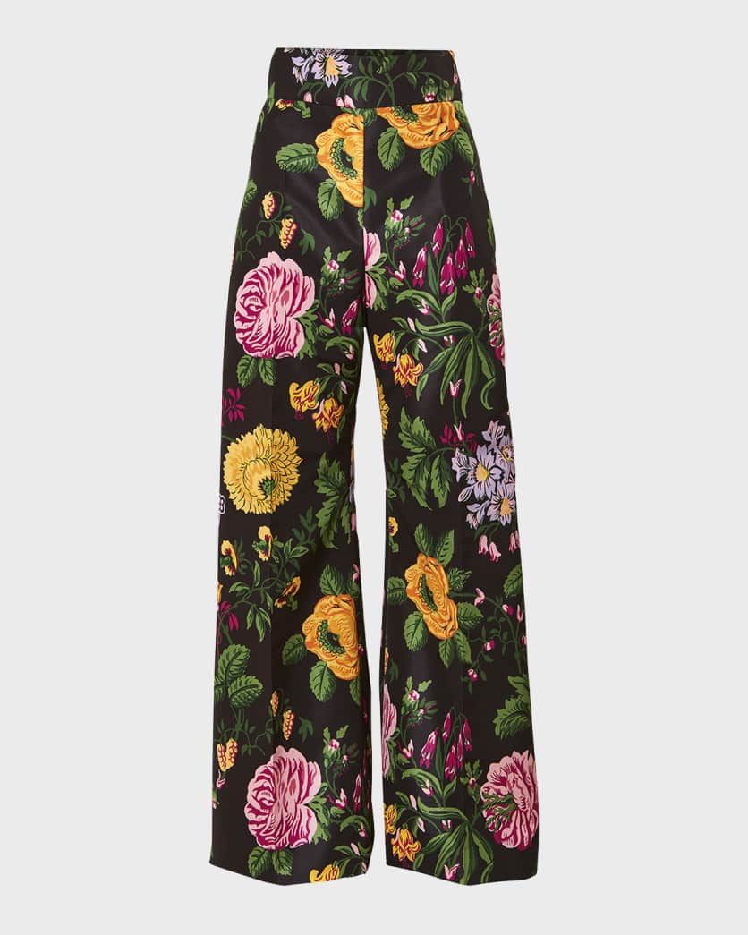 High-Rise Floral-Print Wide-Leg Satin Pants | Neiman Marcus