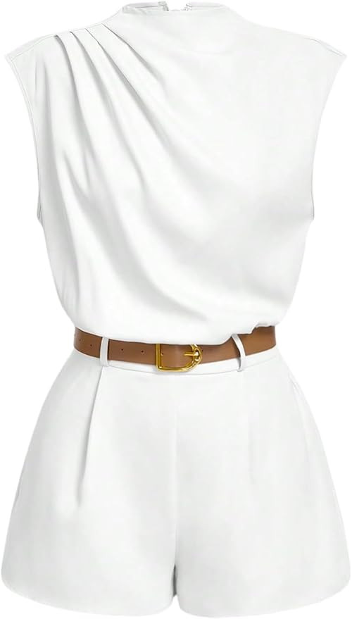 SOLY HUX Women's Summer Ruched Mock Neck Romper Elegant Cap Sleeve Belted Work Short Jumpsuits | Amazon (US)