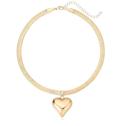 Nacynacy Chunky Heart Pendant Necklace Puffy Love Heart Necklace Herringbone Chains Choker Necklace Gold Plated 14K Gold Trendy Necklace for Women | Amazon (US)
