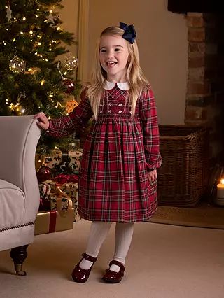 Trotters Kids' Charlotte Tartan Smocked Dress, Red/Multi | John Lewis (UK)