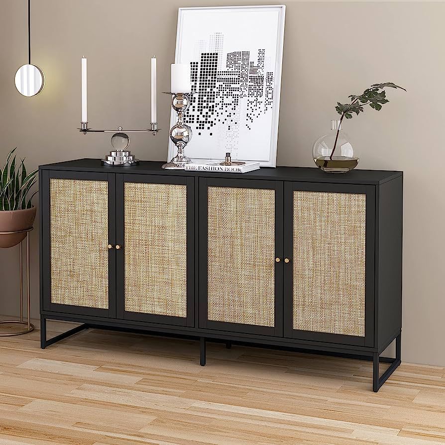 QEIUZON Modern Sideboard Cabinet, Accent Storage Cabinet with Rattan Doors and Adjustable Shelves... | Amazon (US)