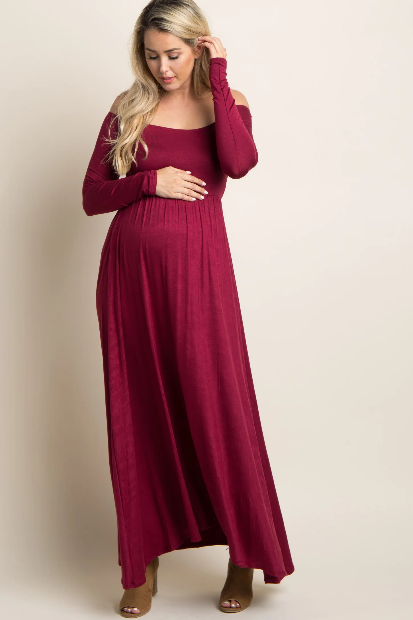 PinkBlush Petite Olive Solid Off Shoulder Maternity Maxi Dress | PinkBlush Maternity