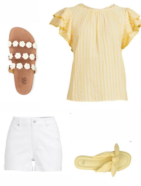 Time and tru spring outfit! Flower sandals, white shorts, flutter sleeve top, bow sandals, summer outfit 