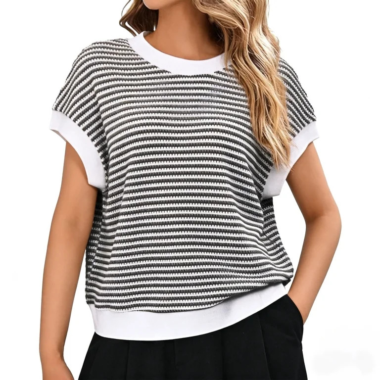 Gingprous Women's Striped Short Sleeve Sweater, Cap Sleeve Crew Neck Knit Top Pullover for Spring... | Walmart (US)