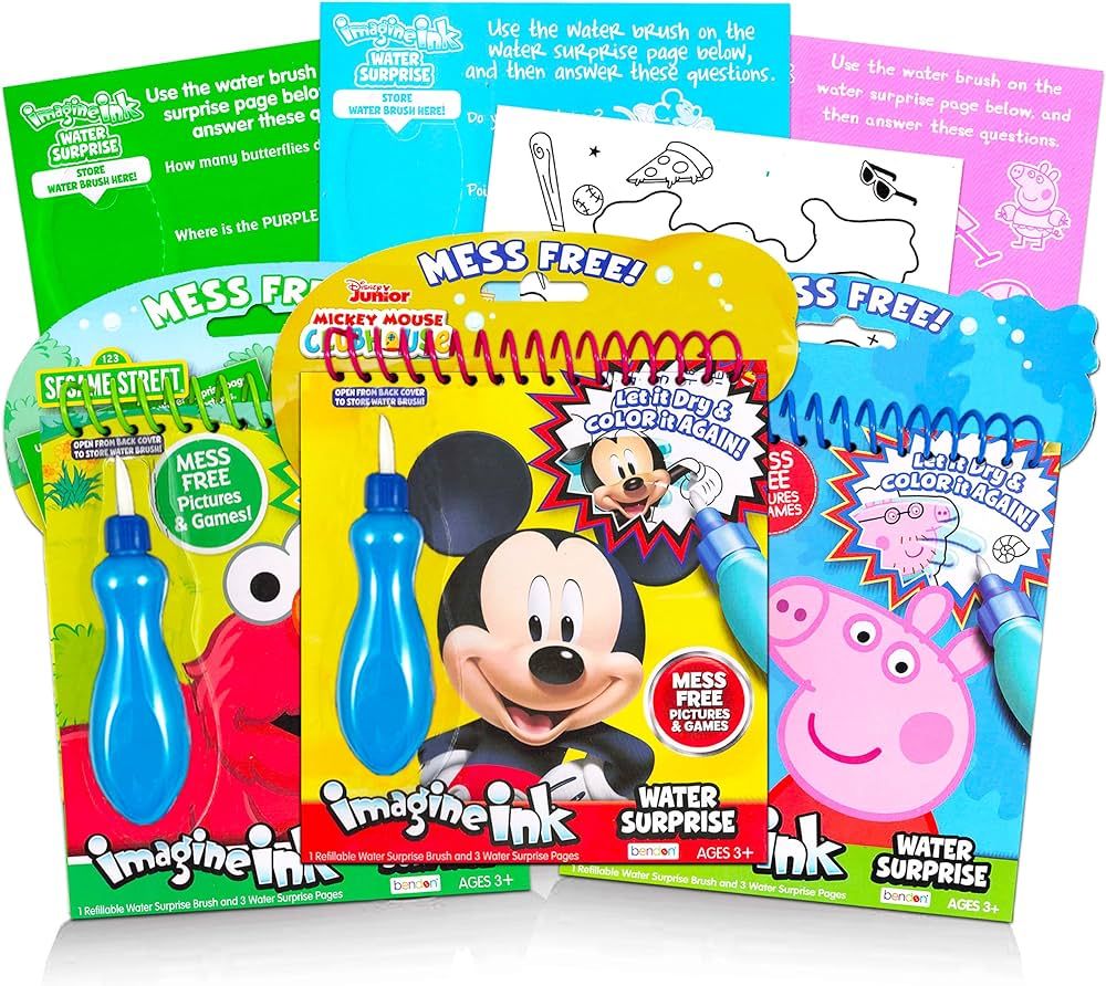 Imagine Ink Water Painting Books Set for Toddlers Kids Ages 3-5 ~ 3 Pack No Mess Paint with Water Books with Water Surprise Brushes, Mickey Mouse, Peppa Pig, Sesame Street Elmo Bundle | Amazon (US)