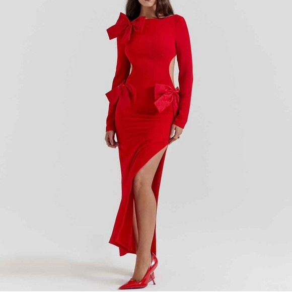Elegant Red Bow-Accent Dress | Poshmark