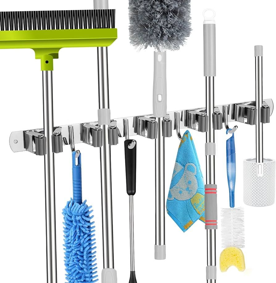 voze 5 Racks and 4 Hooks Mop and Broom Holder Wall Mount, Self Adhesive Heavy Duty Broom Organize... | Amazon (US)