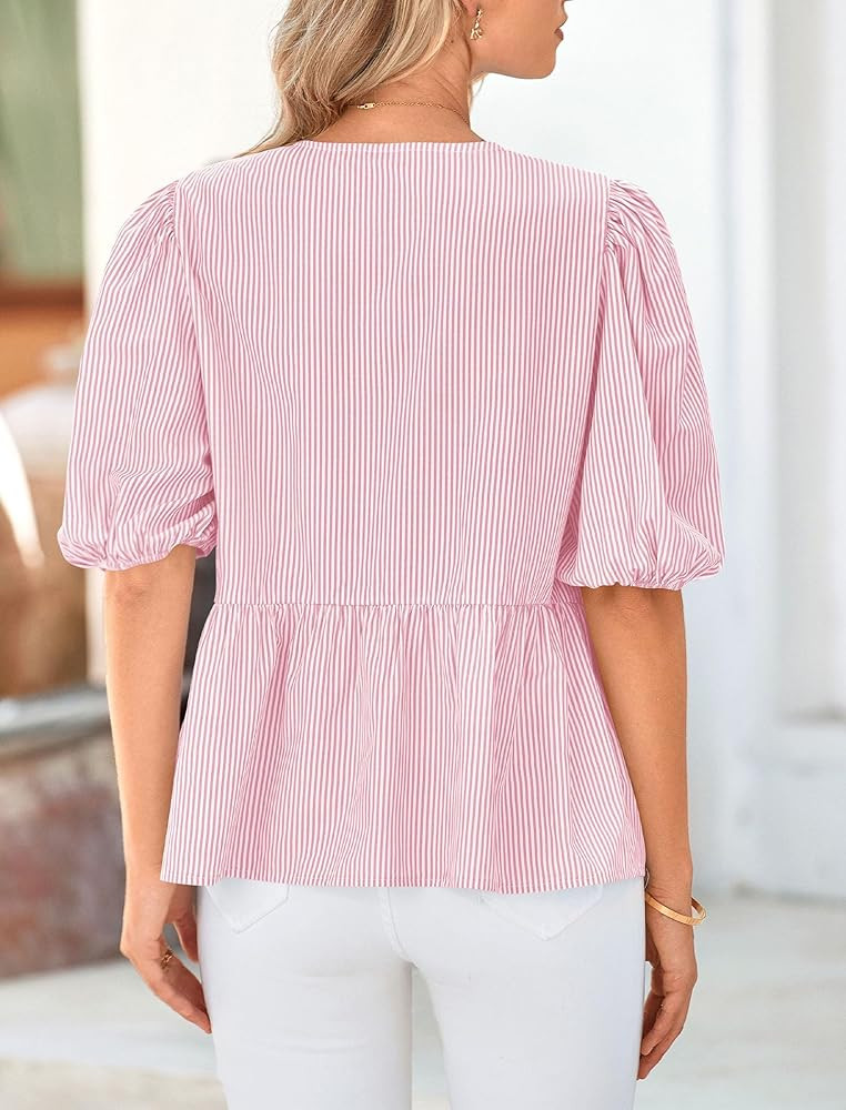 PRETTYGARDEN Women's Tie Front Striped Shirt 2025 Summer Trendy Fashion Cute Babydoll Tops Peplum... | Amazon (US)