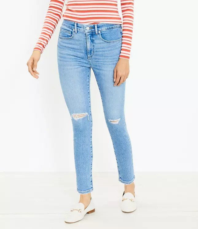 Curvy Destructed High Rise Skinny Jeans in Light Indigo Wash | LOFT